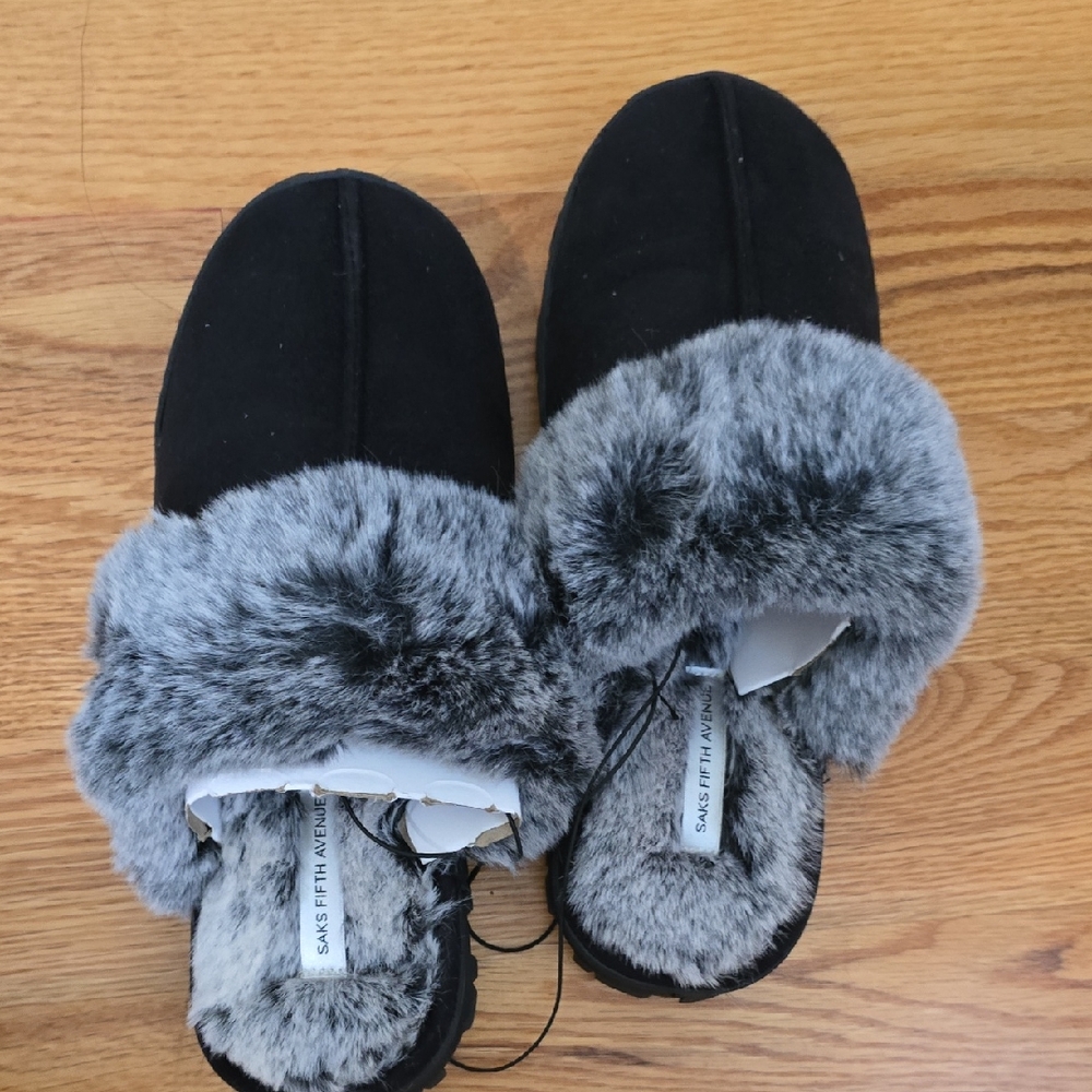 Saks Fifth Avenue Women's Black Slippers with Gray Fur